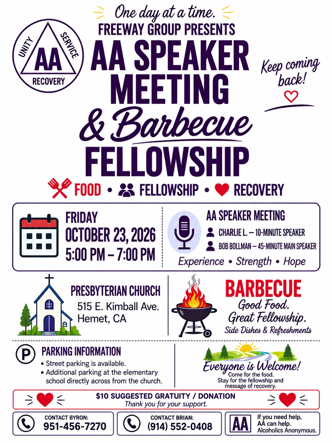 Freeway Group AA Speaker Meeting and Barbecue Fellowship: Friday, October 23, 2026, 5:00 PM–7:00 PM at Presbyterian Church, 515 E. Kimball Ave., Hemet, CA