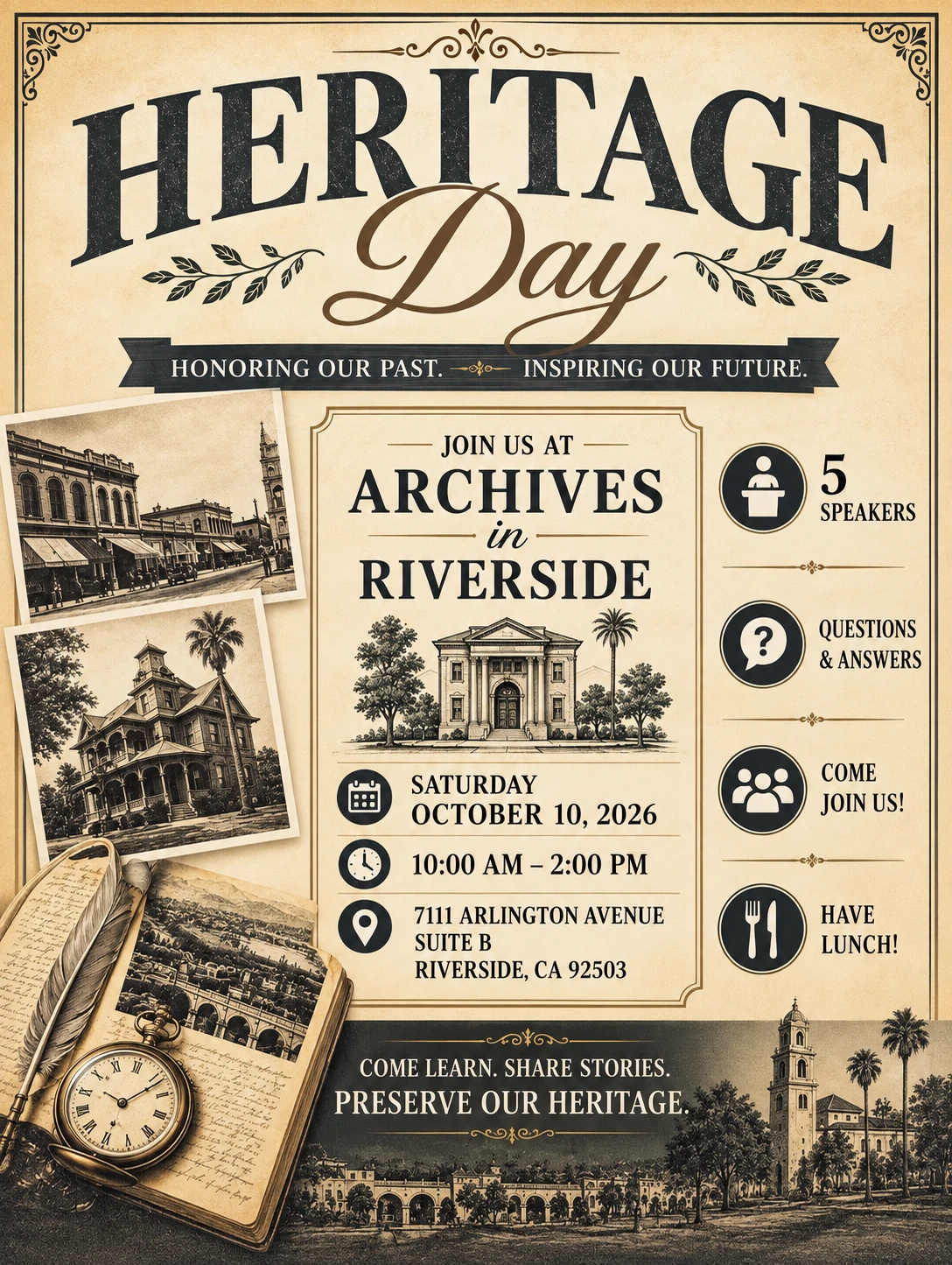 Heritage Day flyer: October 10, 2026, 10 AM–2 PM at Archives in Riverside; five speakers, questions and answers, and lunch