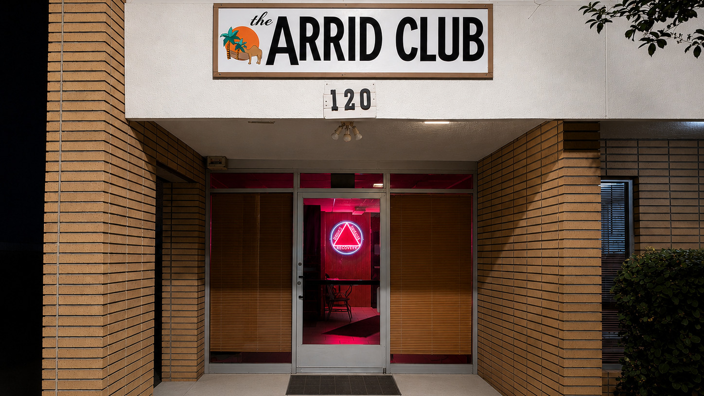 The Arrid Club exterior at night — 120 S. Harvard St, Hemet, CA